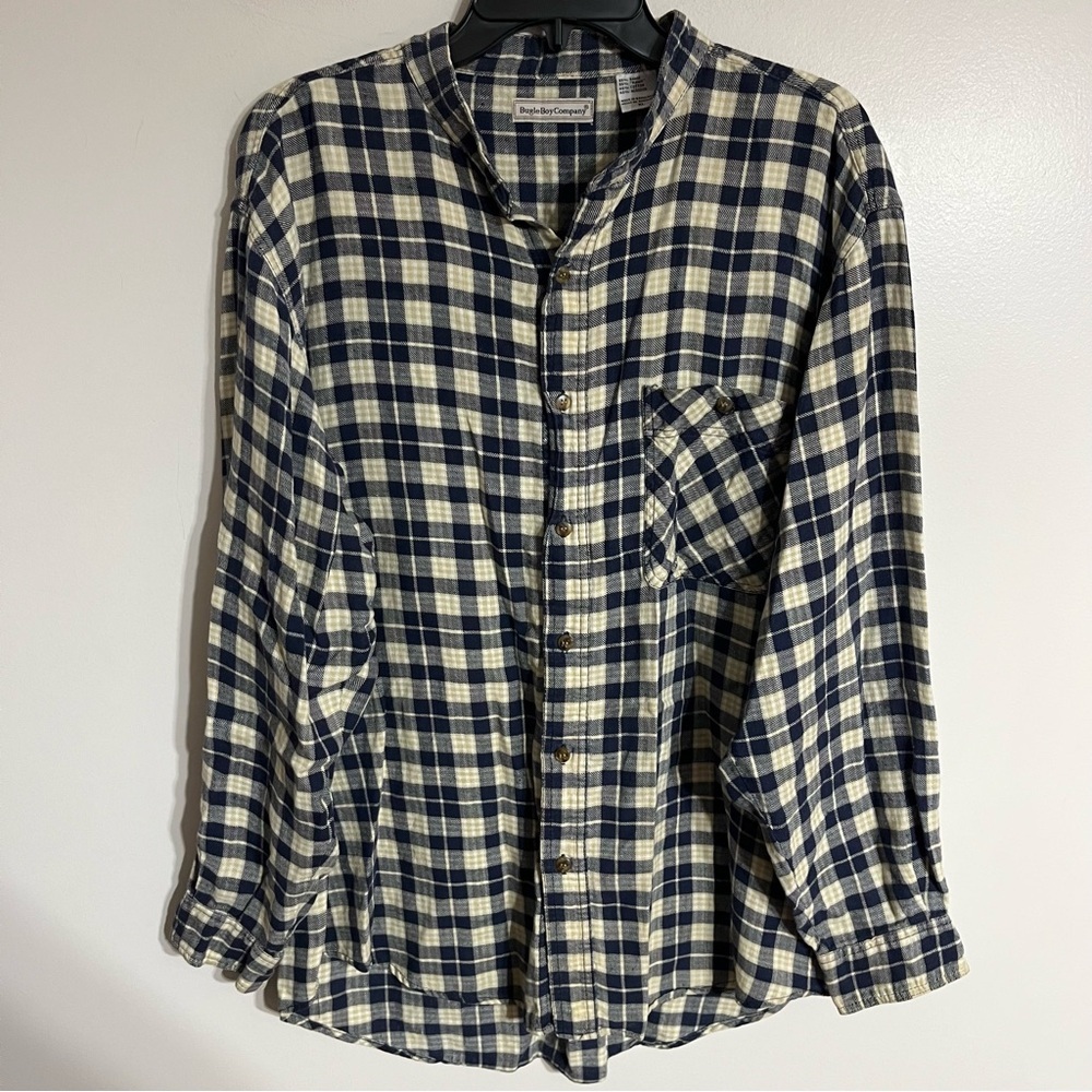 Bugle Boy Company Mens XL Blue Plaid Band Collar Ramie Cotton Shirt‎ Long Sleeve